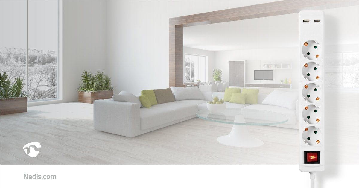 Branch contact | Earthed plug / Type F (CEE 7/7) | 5-way | 1.50 m | 3680 W | 16 A| Type of grounding: Side contact | 230 V AC 50/60 Hz | Outlet angle: 45 ° | H05VV-F 3G1.5mm² | On / off button | White