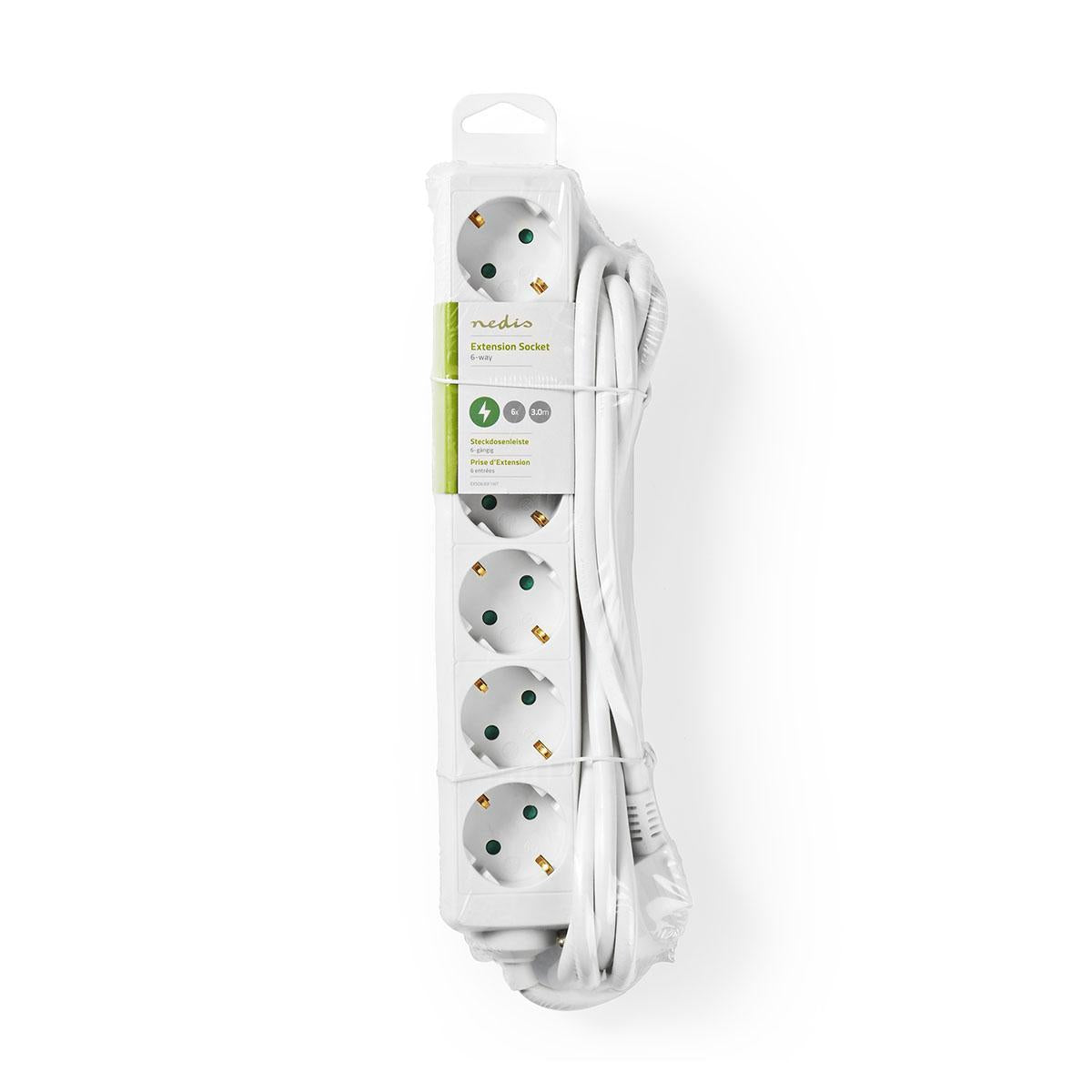 Branch contact | Earthed plug / Type F (CEE 7/7) | 6-way | 3.00 m | 3680 W | 16 A| Type of grounding: Side contact | 230 V AC 50/60 Hz | Outlet angle: 45 ° | H05VV-F 3G1.5mm² | White