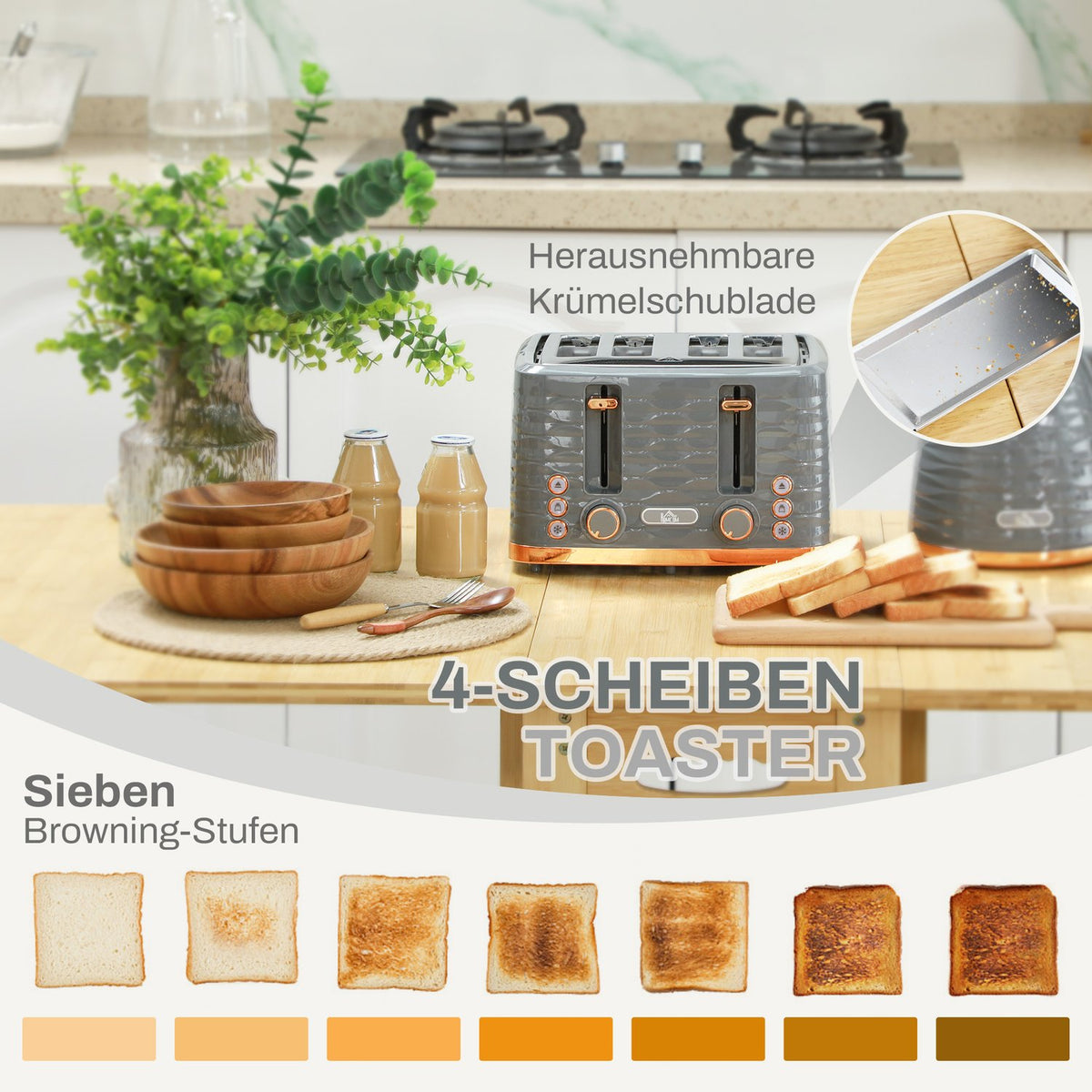 Breakfast set kettle & toaster 1.5L kettle 4 slices toaster 3000 W 7 browning levels defrosting & warming up grey
