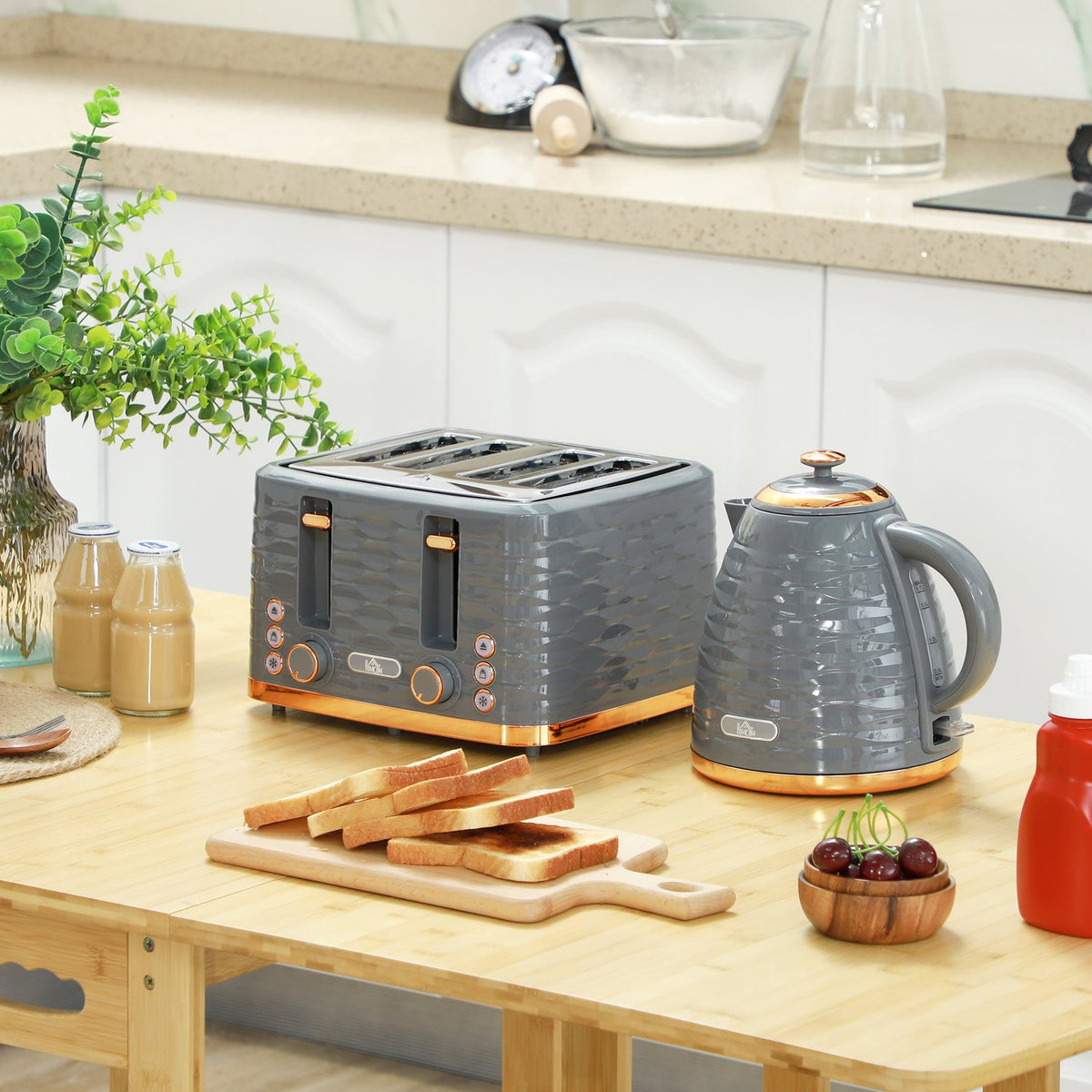 Breakfast set kettle & toaster 1.5L kettle 4 slices toaster 3000 W 7 browning levels defrosting & warming up grey