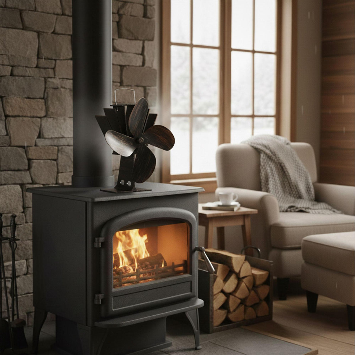 Bronze colored stove fan without electricity