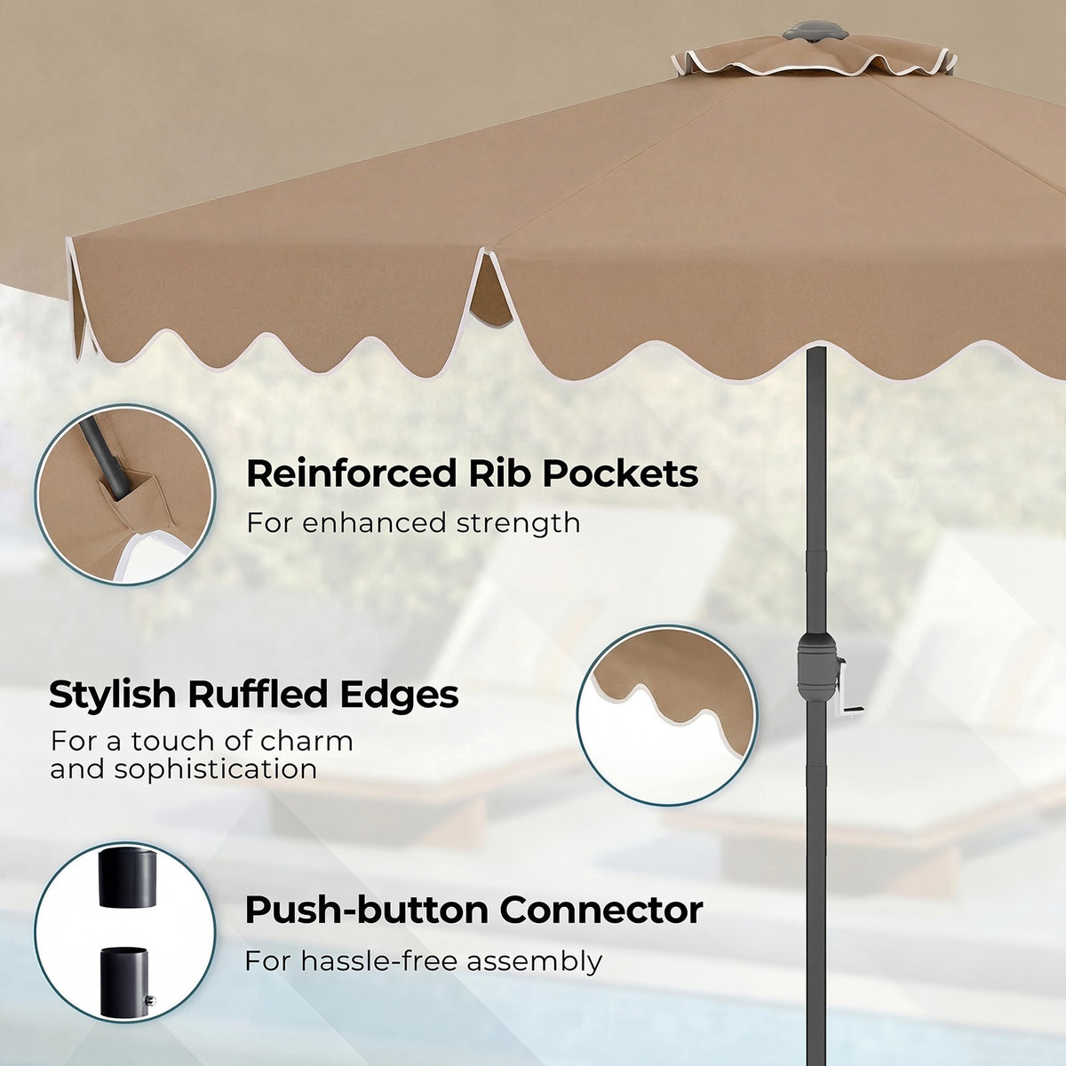 Brown 270cm Ruffled Parasol with Hand Crank & Tilt