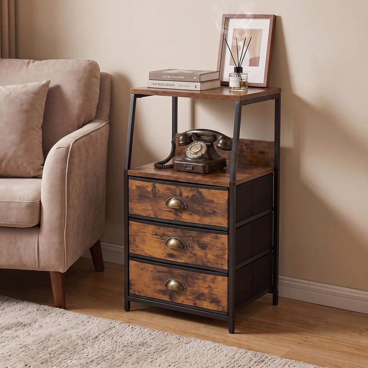 Brown 3-Drawer Fabric Chest with Shelves, Metal Frame