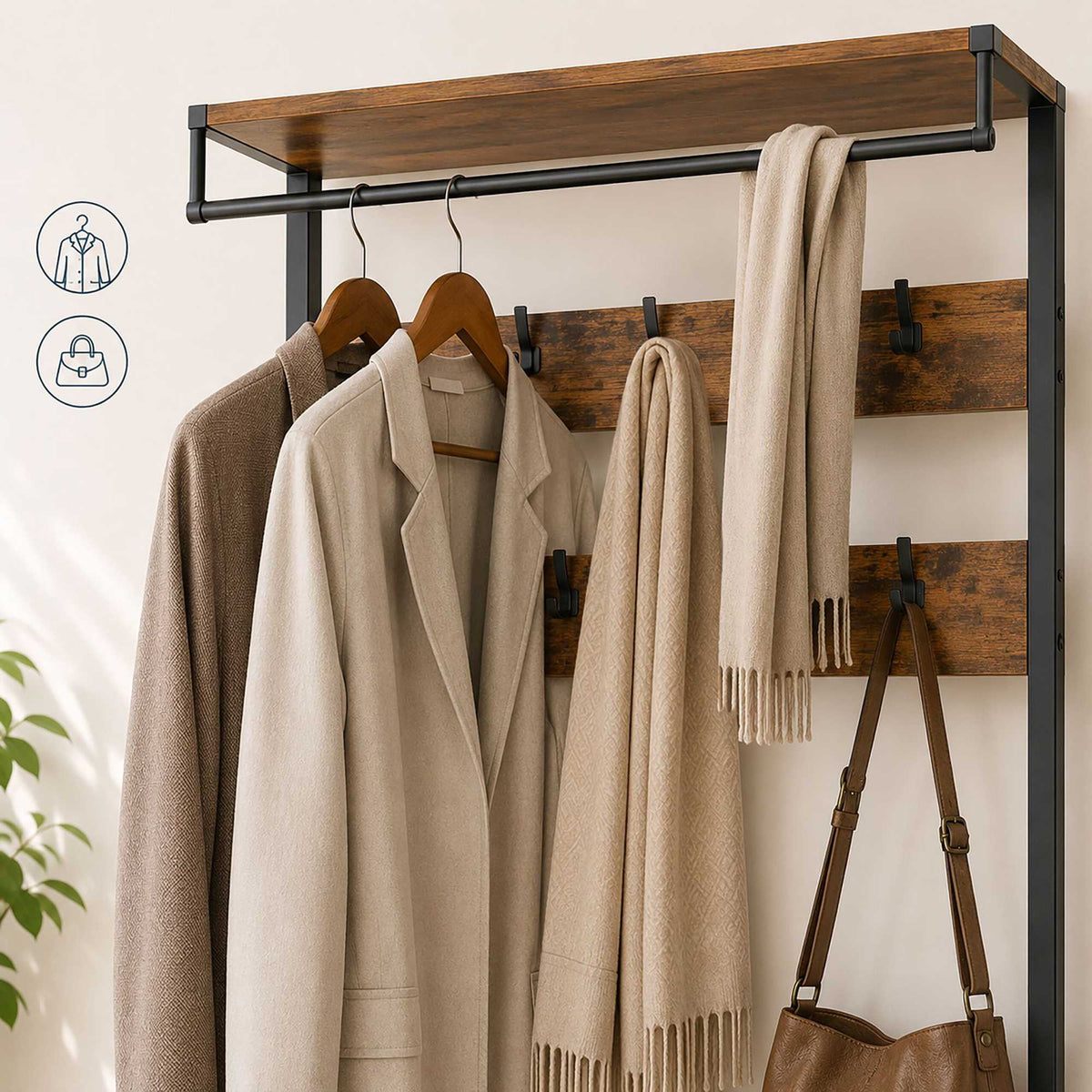 Brown Coat Rack with Hooks, Drawers, and Shoe Shelf