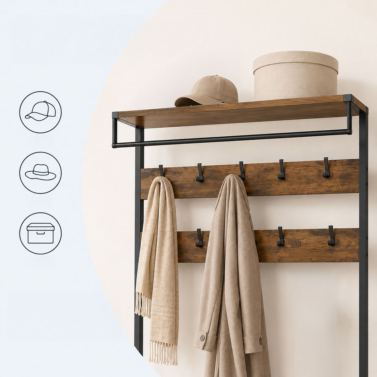 Brown Coat Rack with Hooks, Drawers, and Shoe Shelf