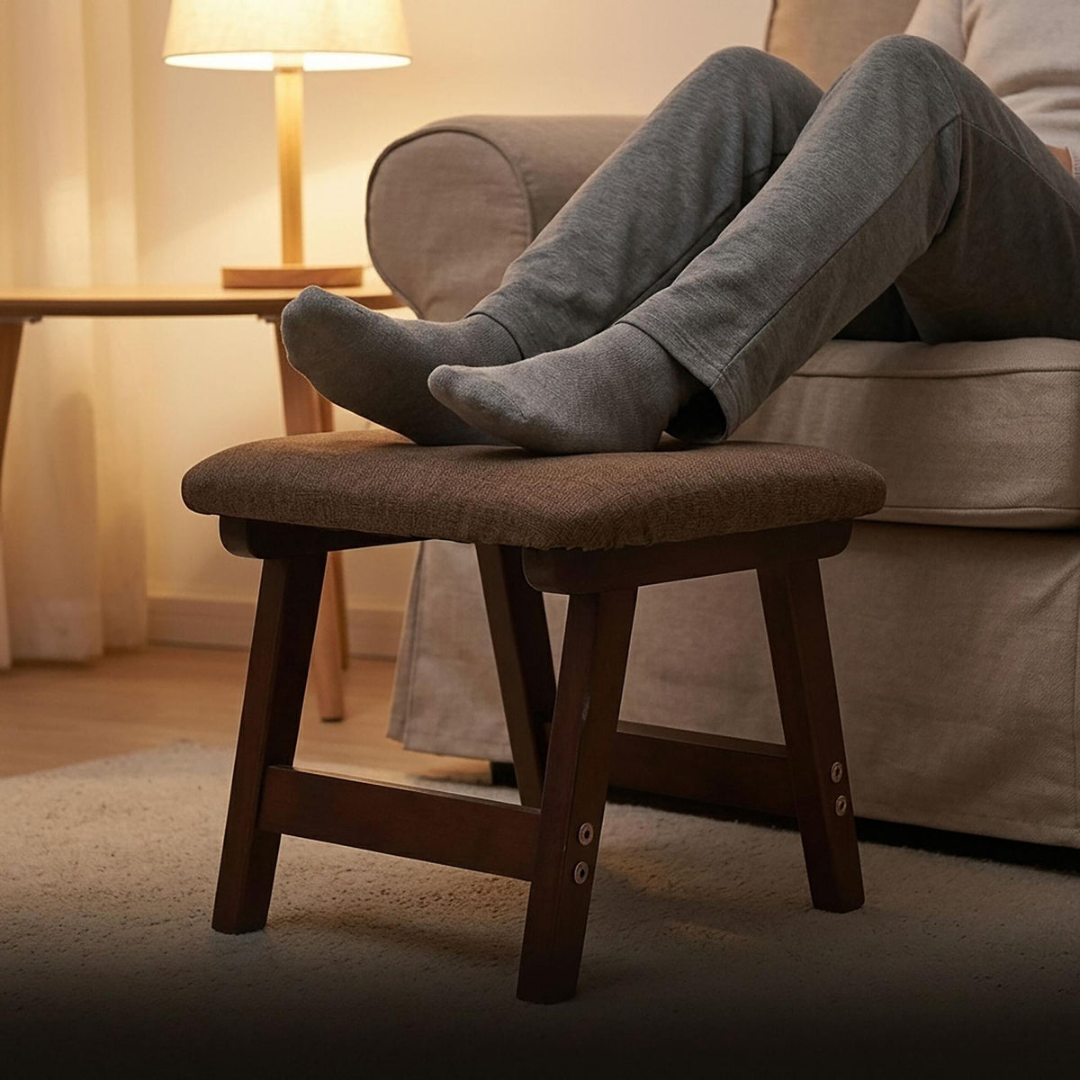 Brown Ergonomic Footstool, Beech Wood & Linen, 29x40x25 cm