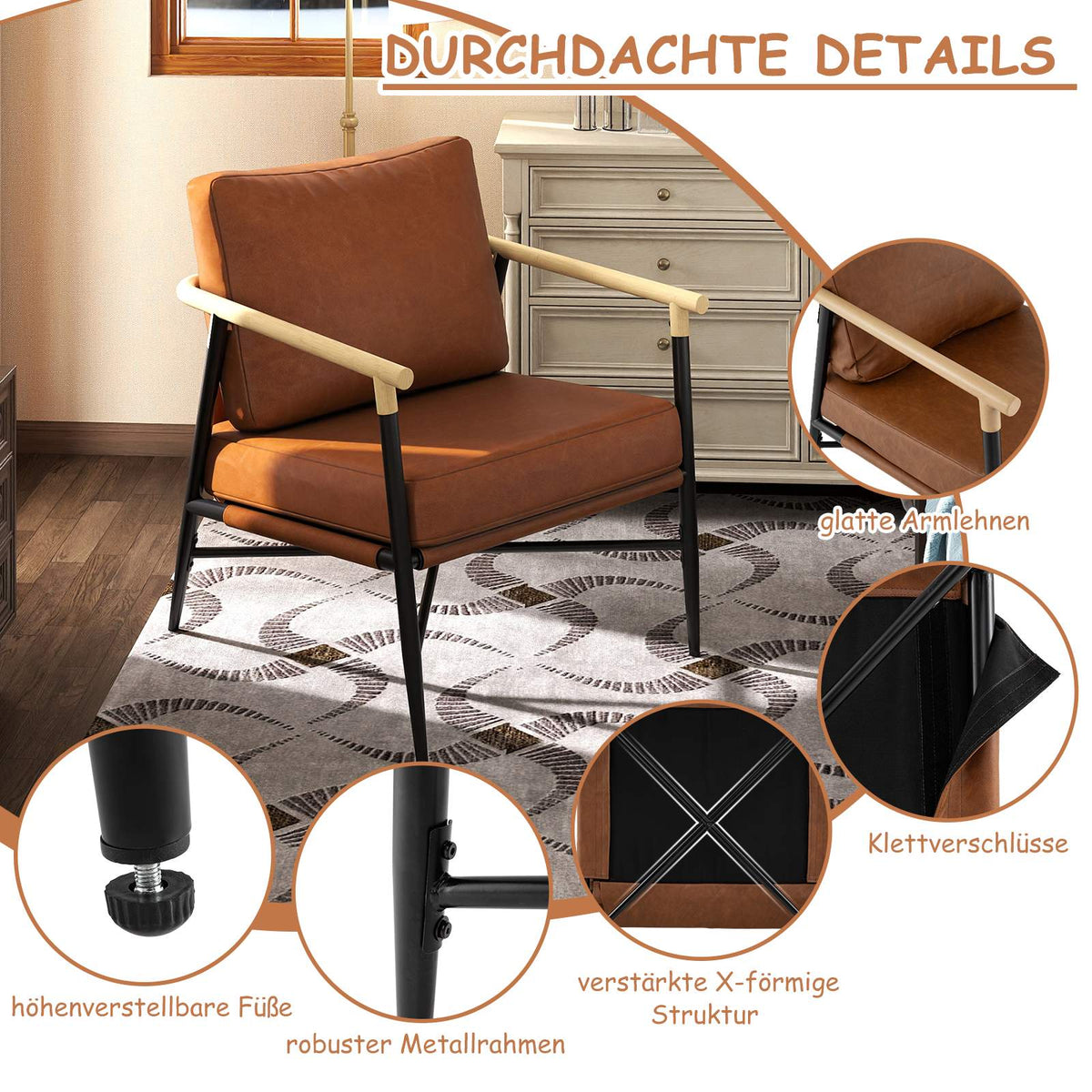 Brown Faux Leather Lounge Chair with Removable Cushions