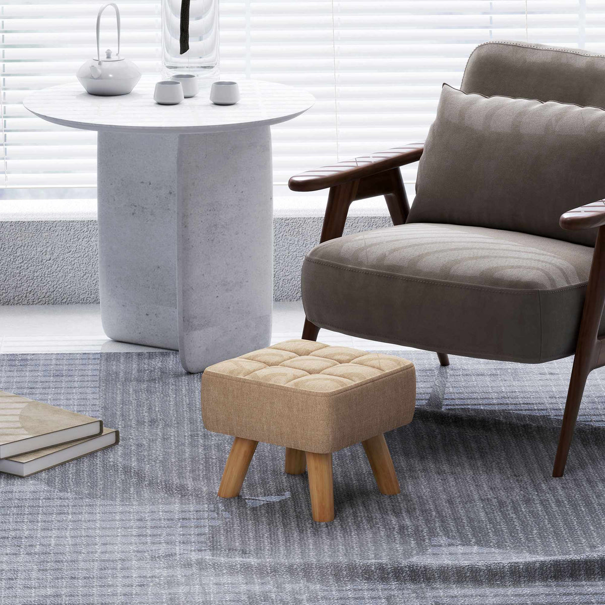 Brown Linen-Look Footstool, Padded, 110 kg Capacity