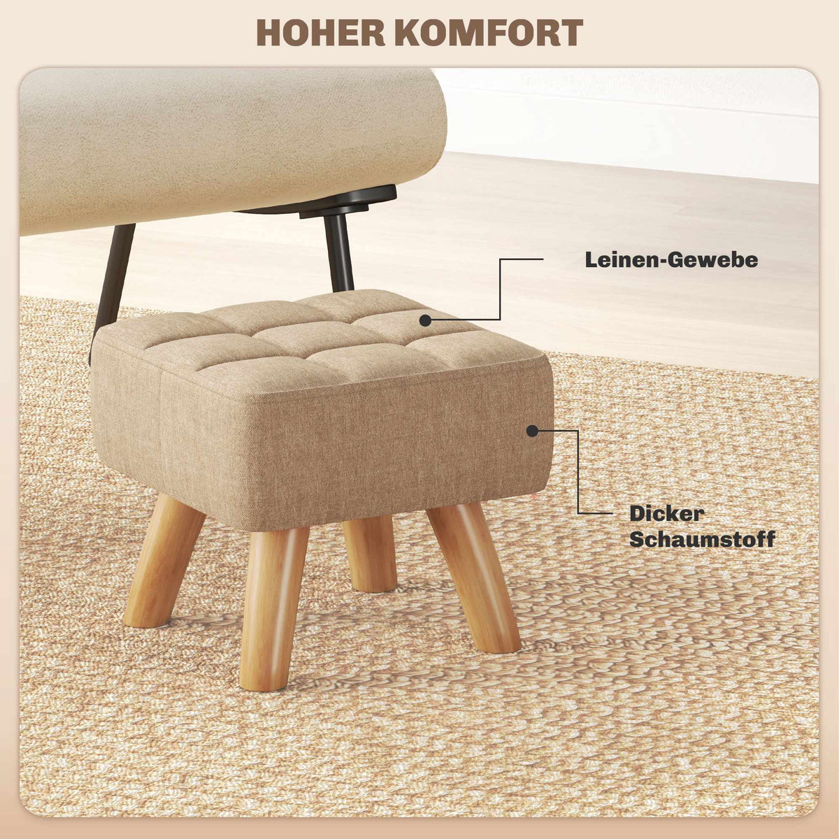 Brown Linen-Look Footstool, Padded, 110 kg Capacity