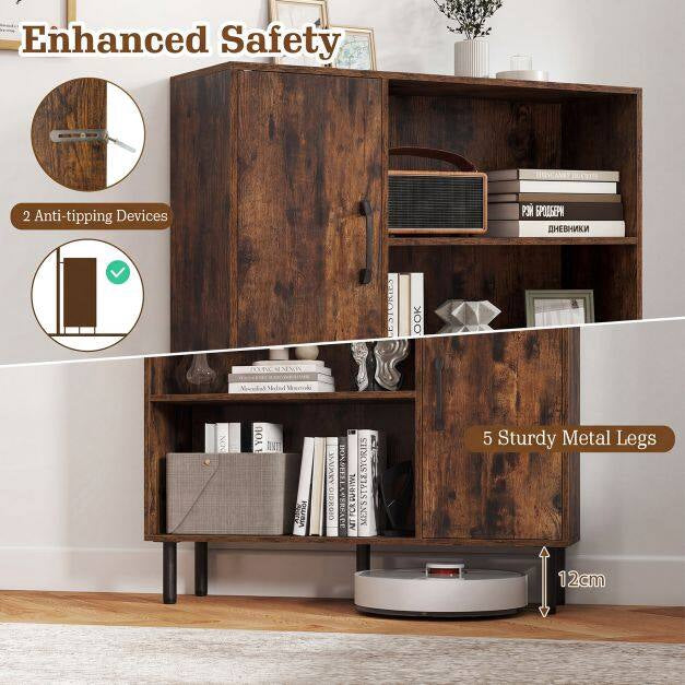 Brown Sideboard Cabinet, 4 Compartments, 2 Doors, Metal Legs