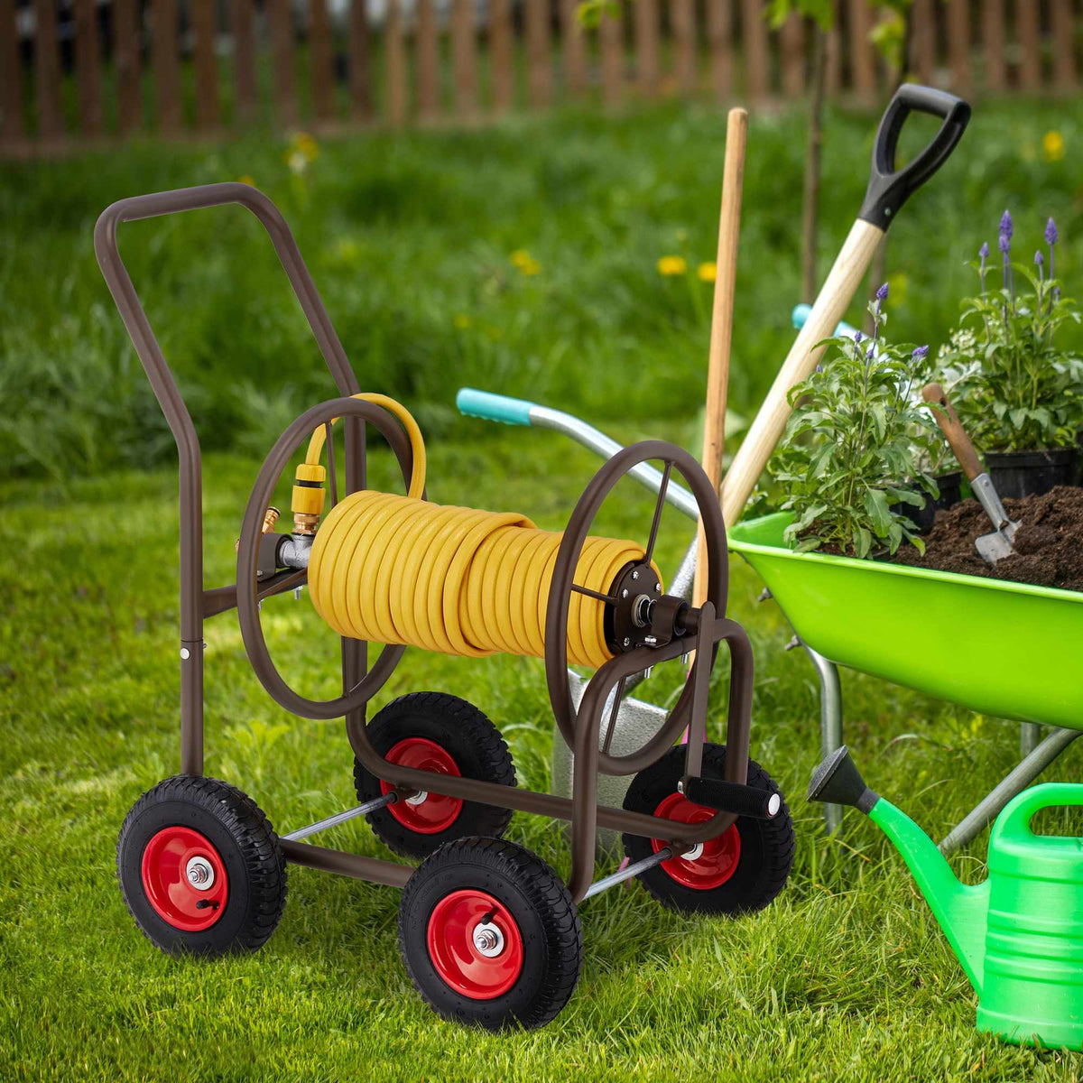 Brown hose cart with 4 wheels