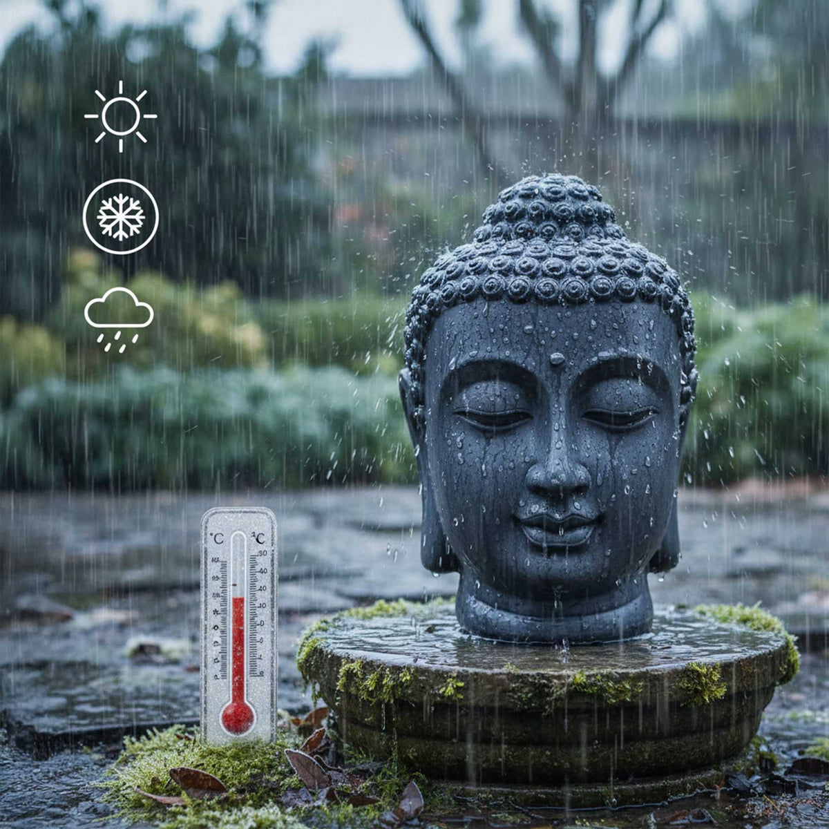 Buddha Head Sculpture, Polyresin, Lava-Stone Finish