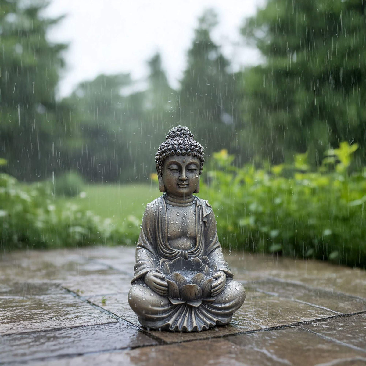 Buddha Statue 30cm with Lotus, Weatherproof Polyresin