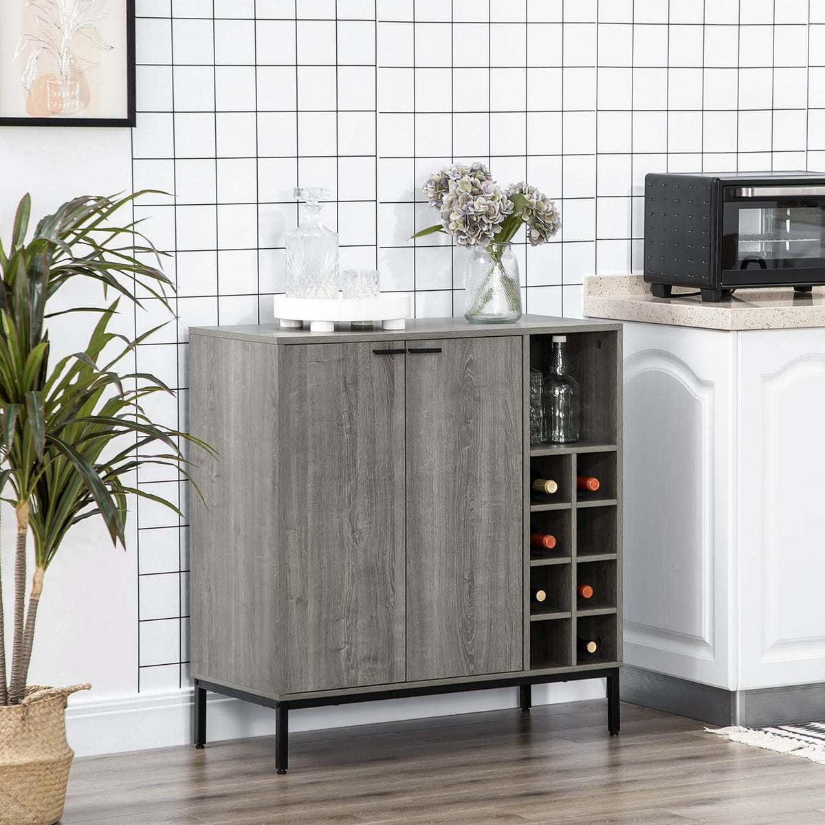 Buffet Cabinet With Wine Rack Sideboard In Gray With Adjustable Shelves And Tilt Protection, 86.4X40X91.4Cm