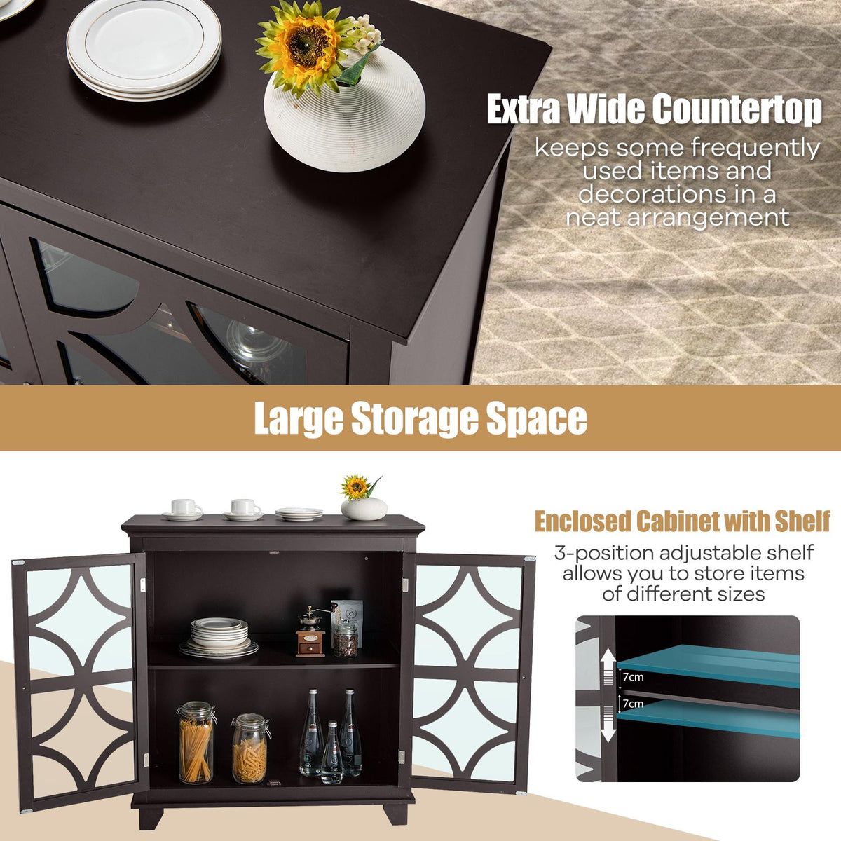 Buffet Sideboard Storage Cabinet With Glass Doors, MDF