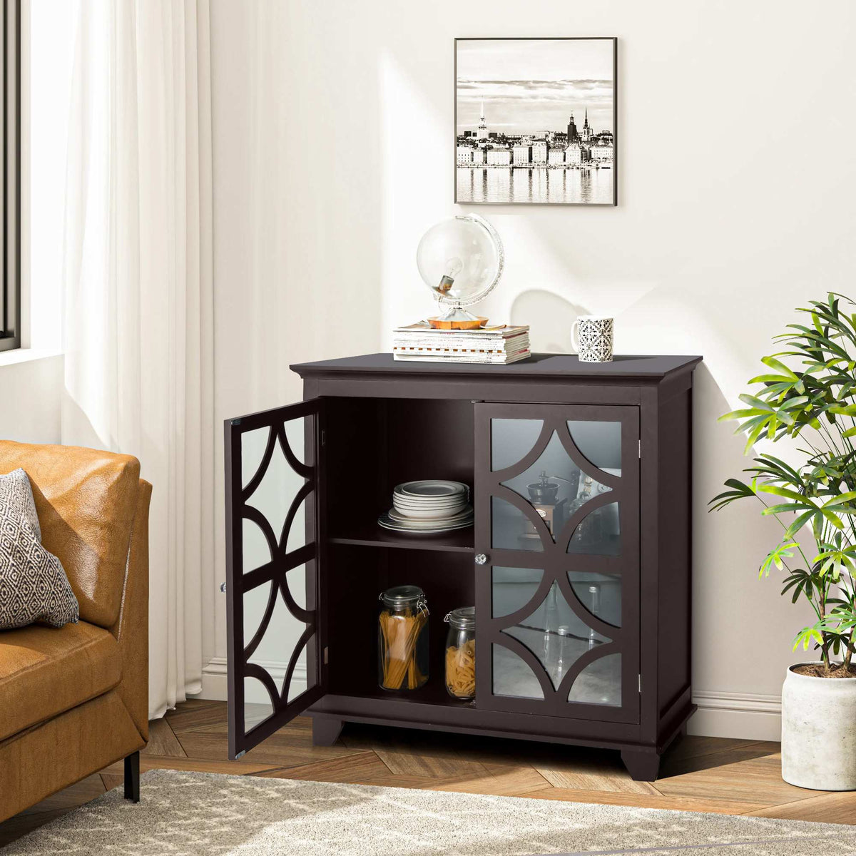 Buffet Sideboard Storage Cabinet With Glass Doors, MDF