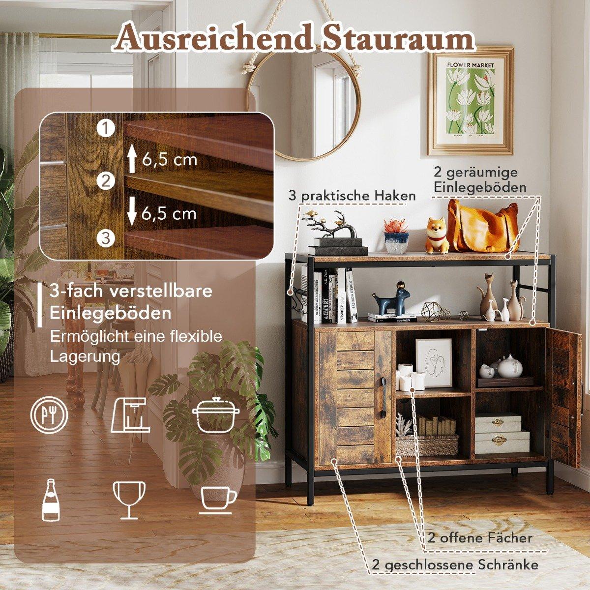 Buffet cabinet with 2 doors & open compartments & adjustable shelves & 3 hooks sideboard