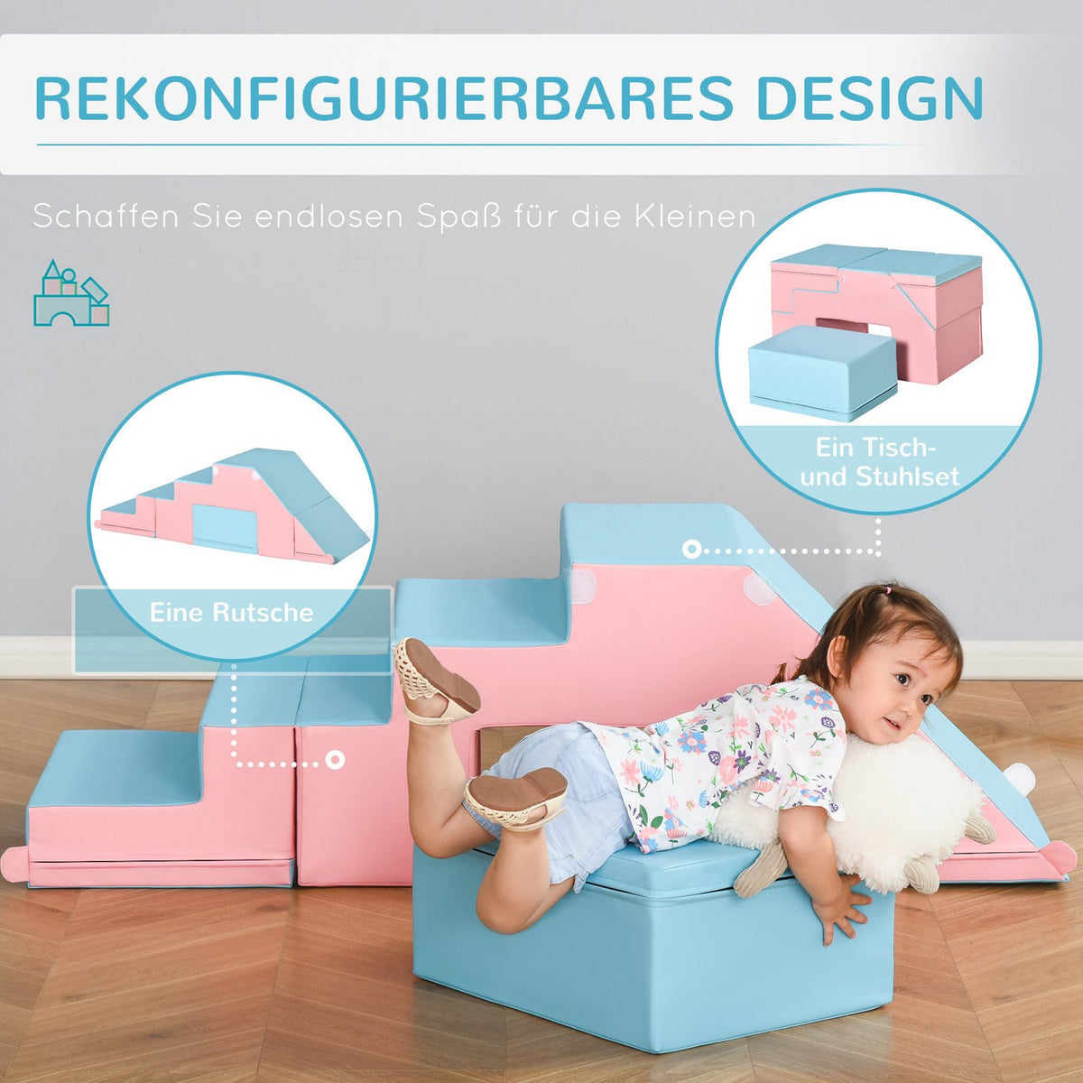 Building Block Set Of 2 Building Blocks Table And Chair Set Slide Reconfigurable Design Building Toy Foam Blocks 12-36 Months Epe Pink + Blue