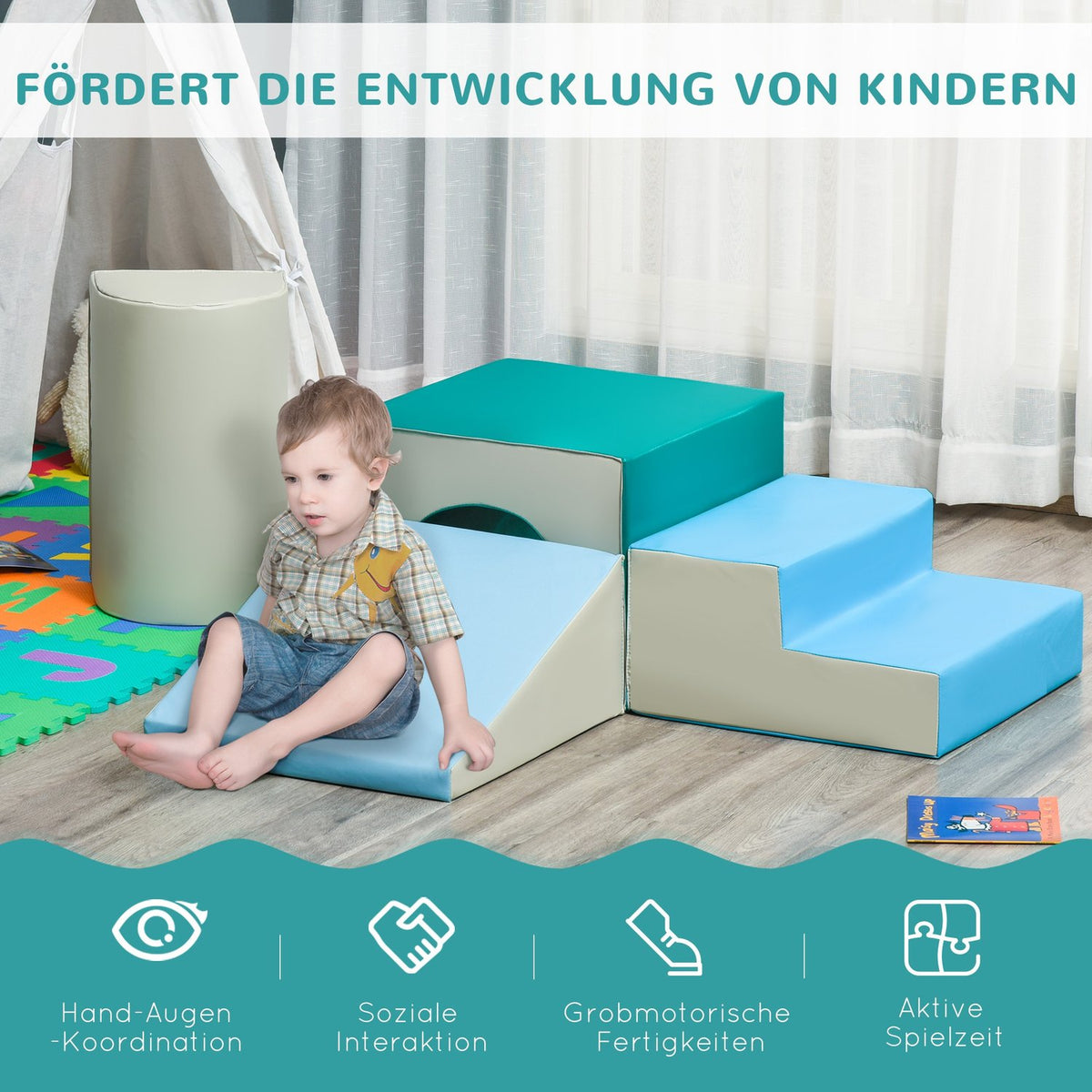Building Blocks For Children Set Of 4 Foam Building Blocks, Easy To Clean, Soft Filling, For 1-3 Years, Light Grey+Blue+Green