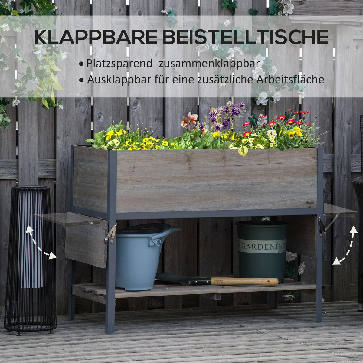 Buy Raised Bed Flower Pot Plant Box With 2 Foldable Shelves Bottom Shelf Solid Wood Light Gray 140 X 46 X 75.5 Cm