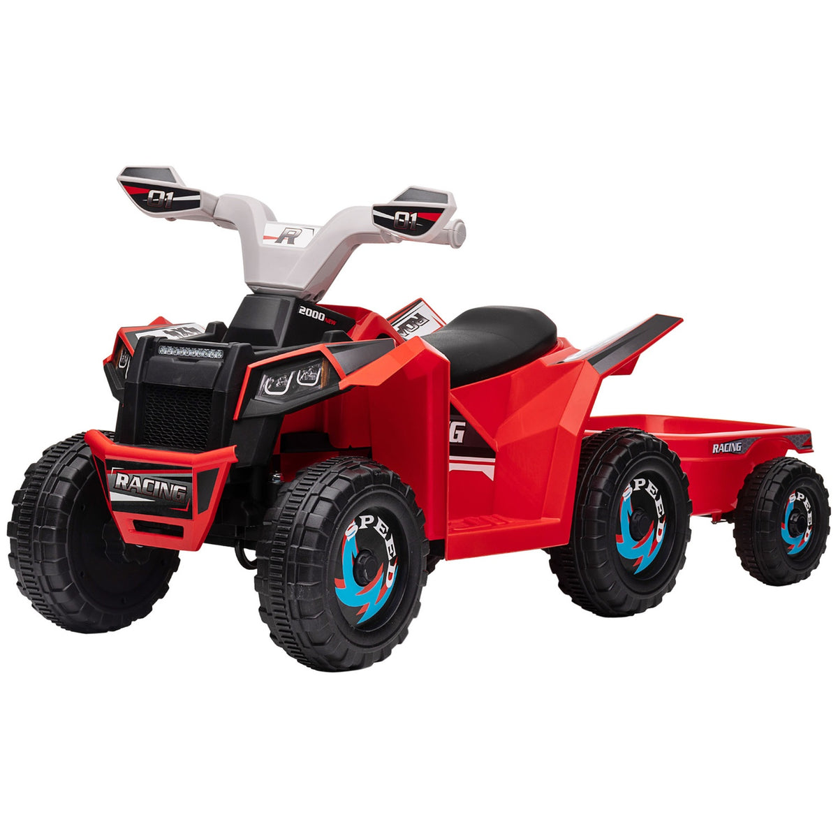 Buy electric quad, with trailer, forward and reverse gear, wear-resistant wheels, metal, for 1.5-3 years, load capacity 25 kg, red