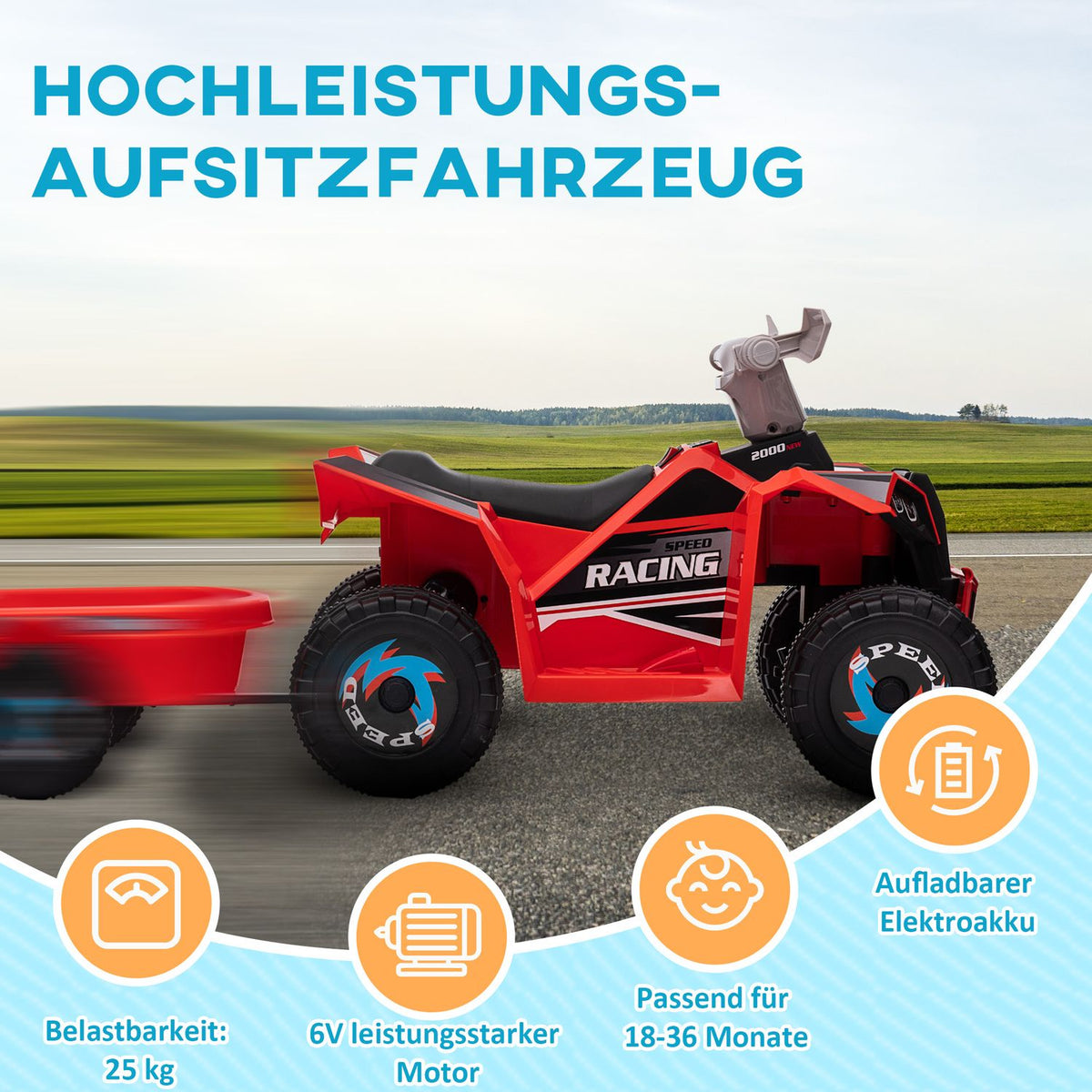 Buy electric quad, with trailer, forward and reverse gear, wear-resistant wheels, metal, for 1.5-3 years, load capacity 25 kg, red