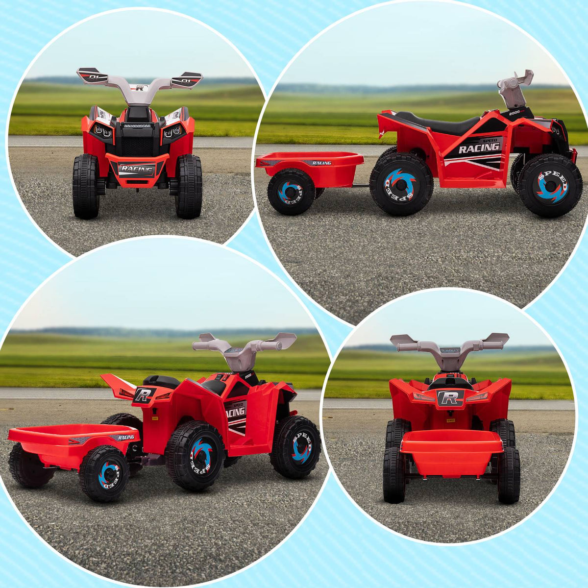 Buy electric quad, with trailer, forward and reverse gear, wear-resistant wheels, metal, for 1.5-3 years, load capacity 25 kg, red