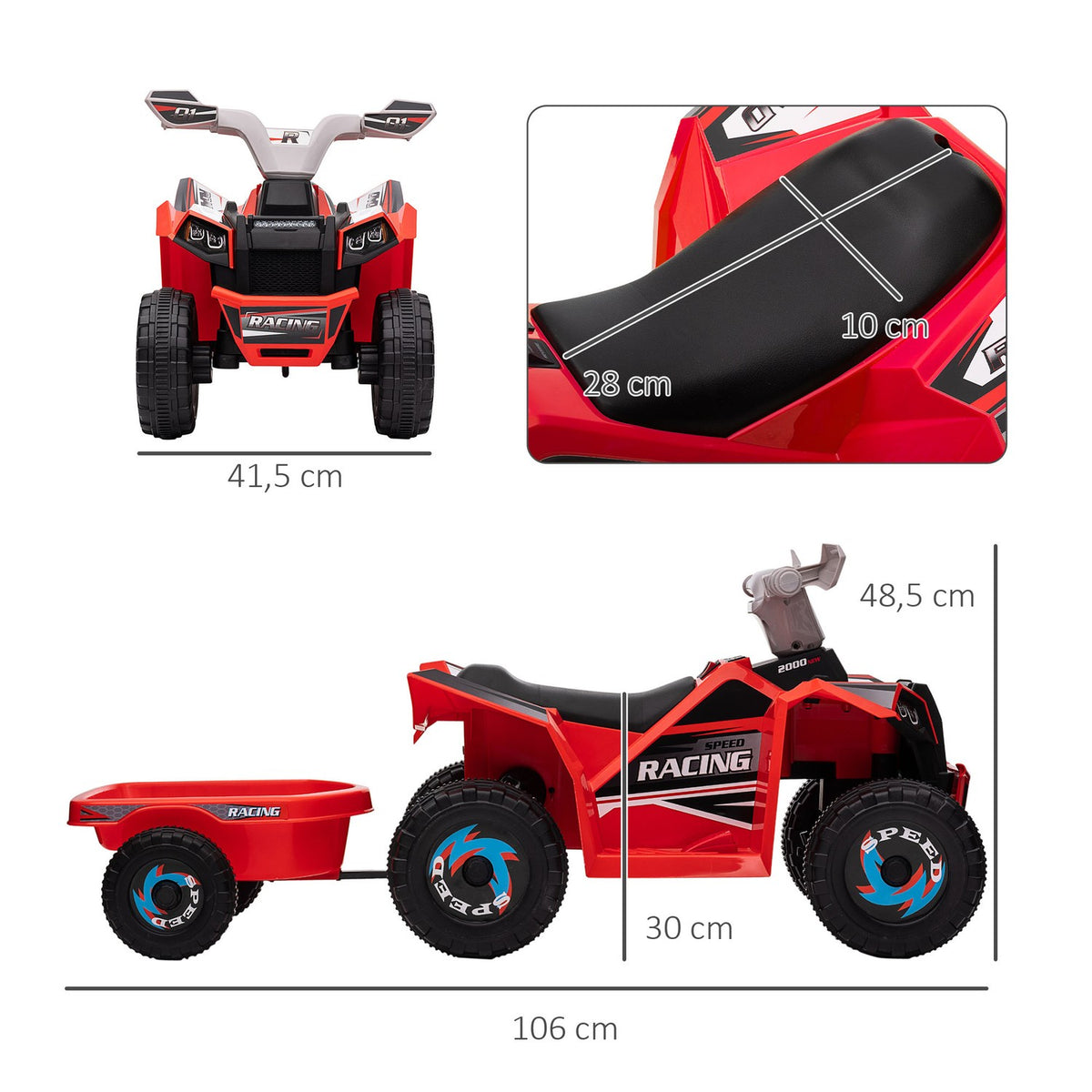 Buy electric quad, with trailer, forward and reverse gear, wear-resistant wheels, metal, for 1.5-3 years, load capacity 25 kg, red