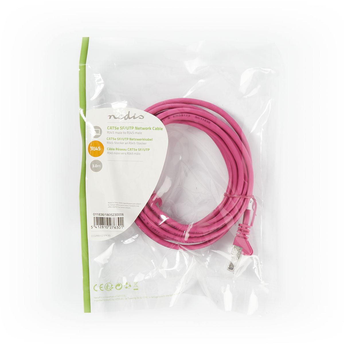 CAT5e network cable | SF/UTP | RJ45 male | RJ45 male | 3.00 m | Round | PVC | Pink | Plastic bag
