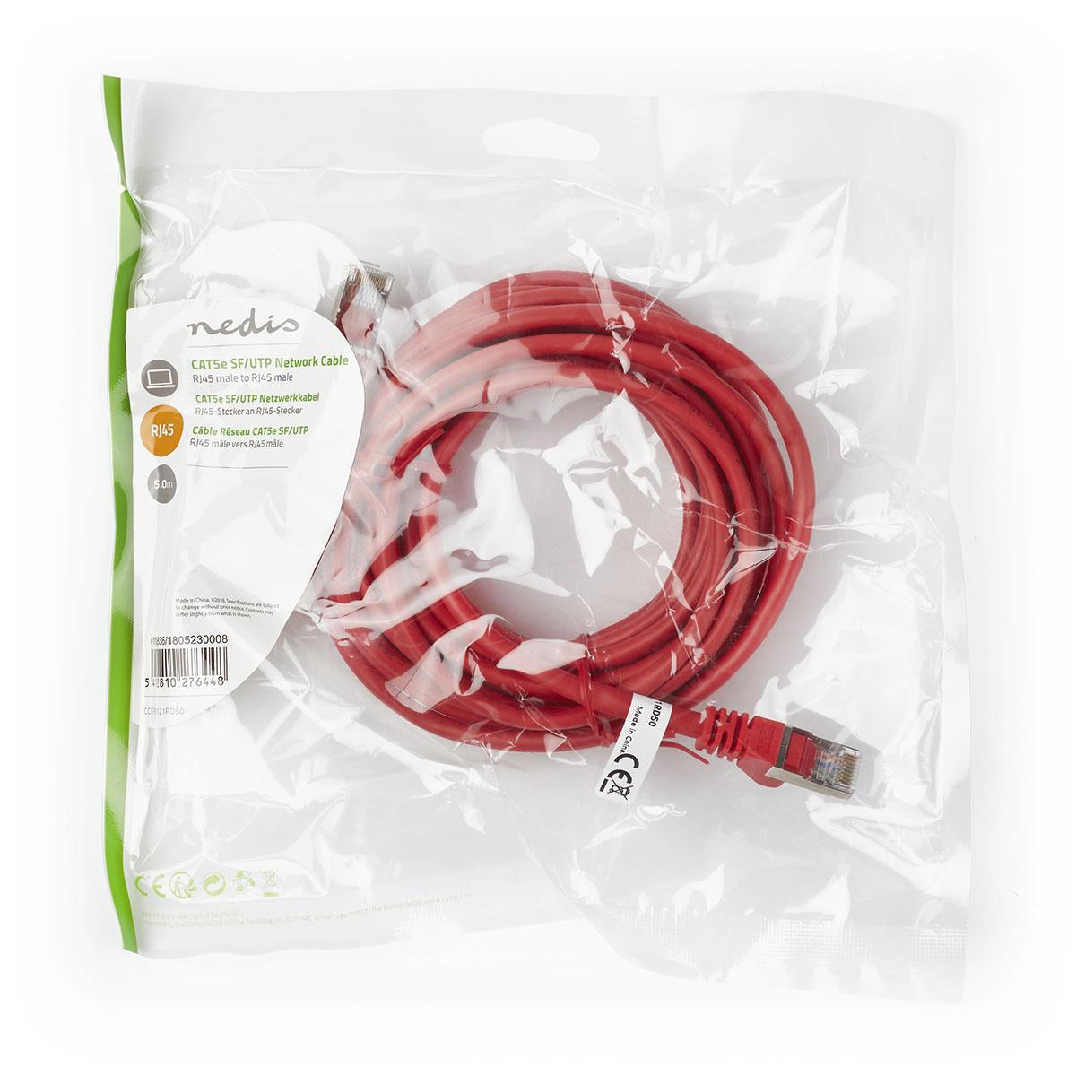 CAT5e network cable | SF/UTP | RJ45 male | RJ45 male | 5.00 m | Round | PVC | Red | Plastic bag