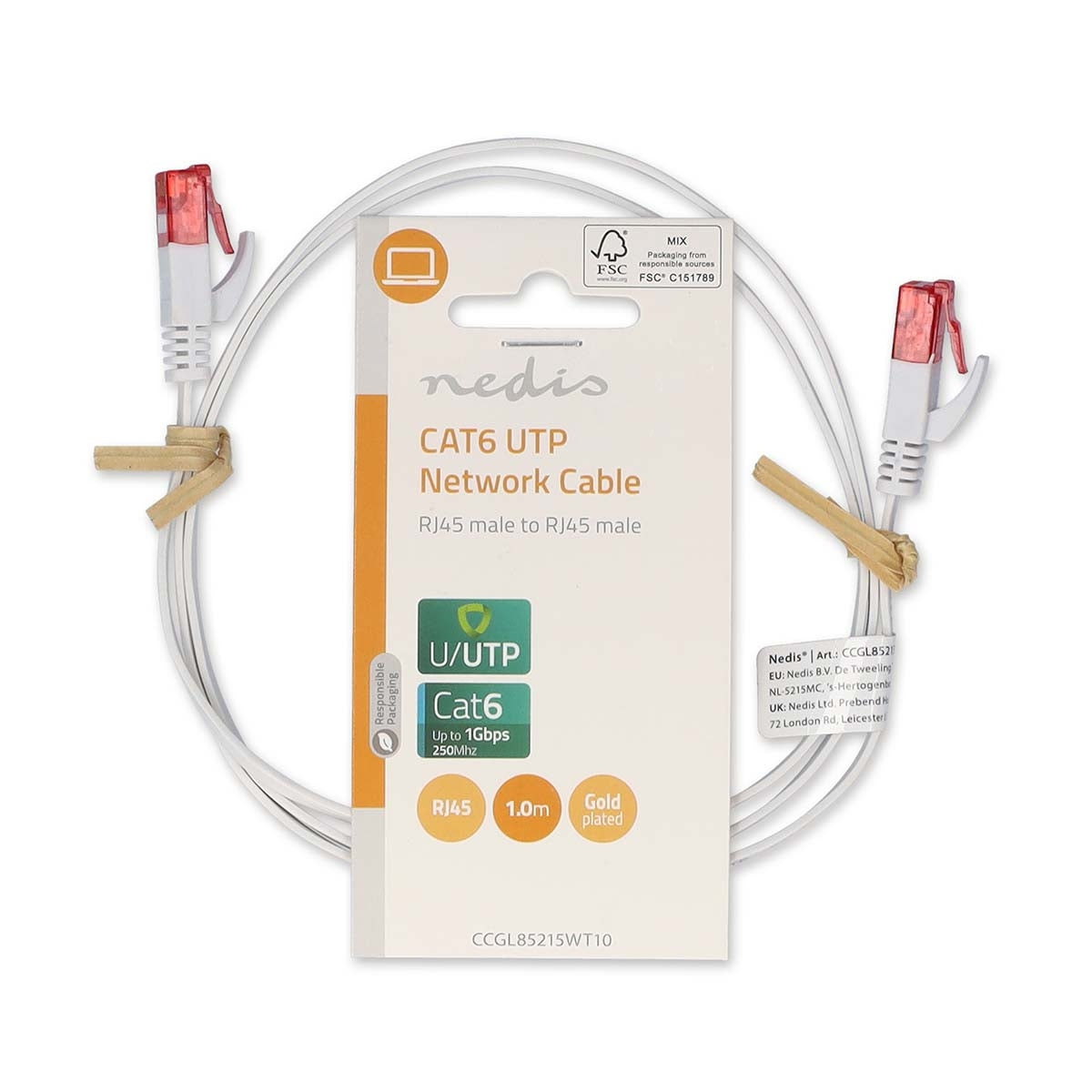 CAT6 Network Cable | RJ45 male | RJ45 male | U/UTP | 1.00 m | Snagless | Flat | PVC | White | Label