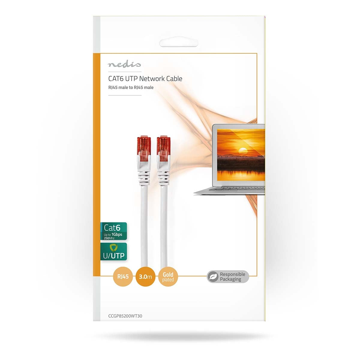 CAT6 Network Cable | RJ45 male | RJ45 male | U/UTP | 3.00 m | Snagless | Flat | PVC | White | Plastic bag