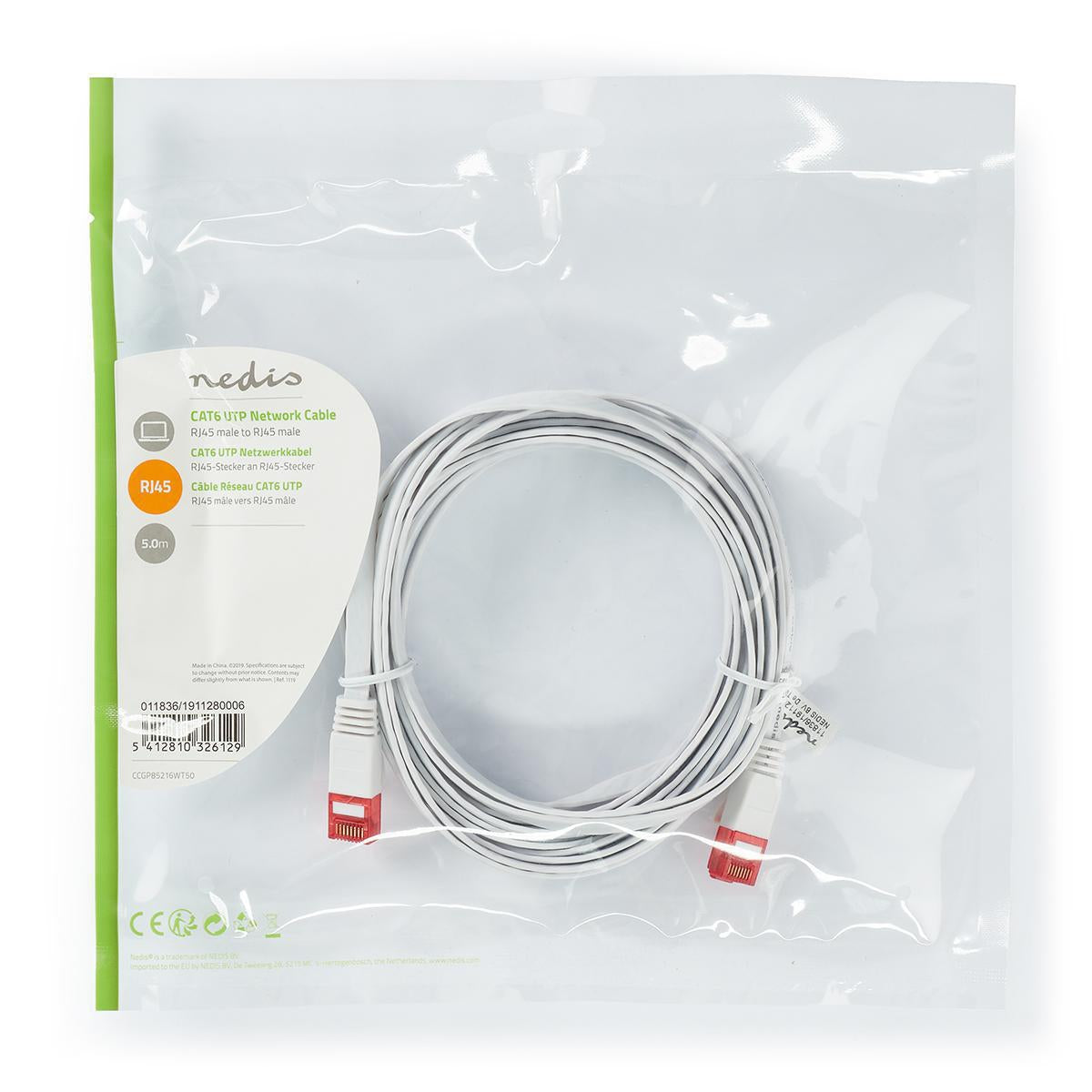 CAT6 Network Cable | RJ45 male | RJ45 male | U/UTP | 5.00 m | Snagless | Flat | PVC | White | Plastic bag