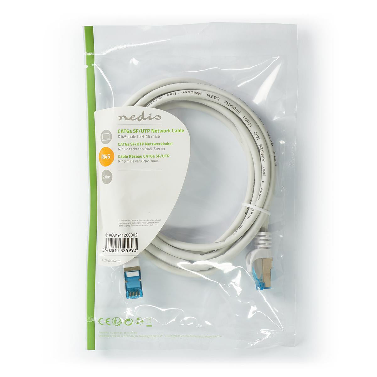 CAT6a network cable | S/FTP | RJ45 male | RJ45 male | 2.00 m | Snagless | Round | LSZH | White | Plastic bag