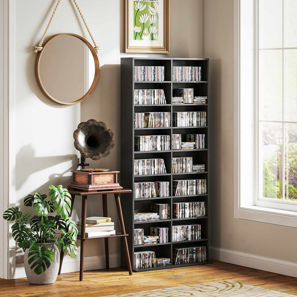 CD DVD Blu-ray Storage Shelf, 18 Compartments, Black, Adjustable