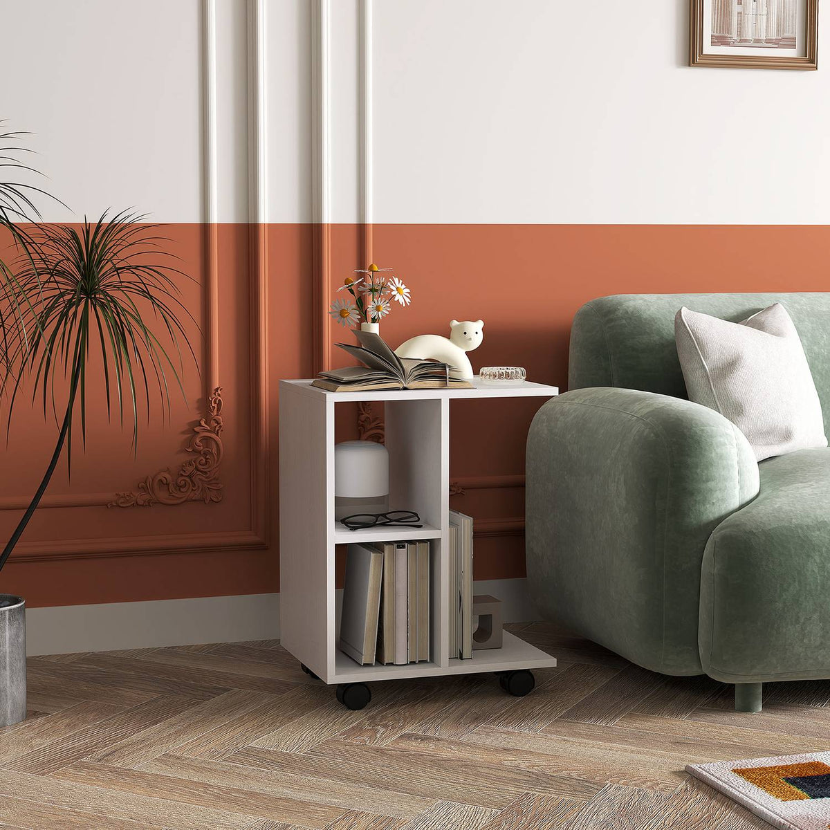 C Shape Side Table Coffee Table with Wheels Coffee Table Portable Sofa Table for Small Areas 45 x 35 x 58 cm White