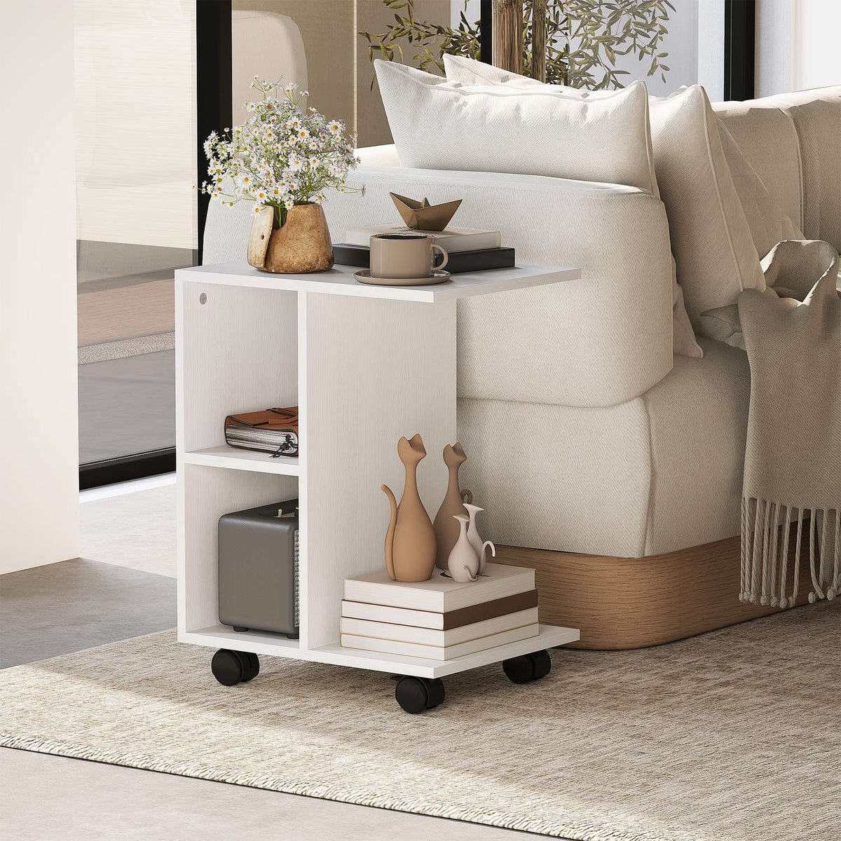 C Shape Side Table Coffee Table with Wheels Coffee Table Portable Sofa Table for Small Areas 45 x 35 x 58 cm White