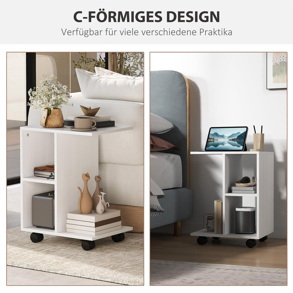 C Shape Side Table Coffee Table with Wheels Coffee Table Portable Sofa Table for Small Areas 45 x 35 x 58 cm White