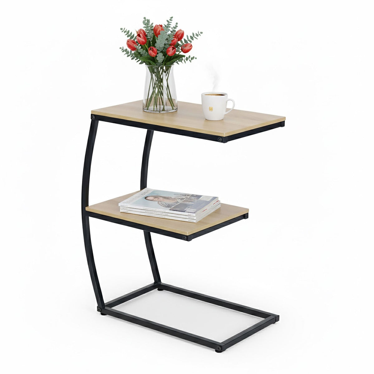 C-Shaped Side Table, 2-Tier, Black Metal Frame