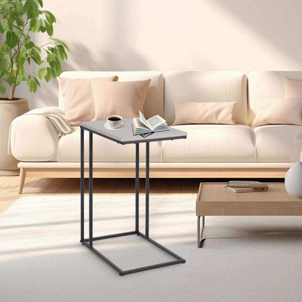C-Shaped Side Table, Wood-Effect Top, Metal Frame