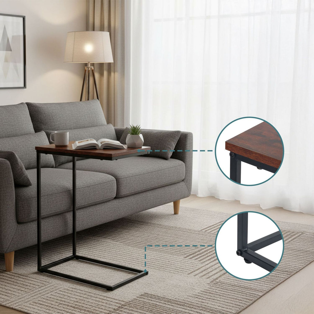 C-Shaped Side Table – Wood Top, Black Metal Frame
