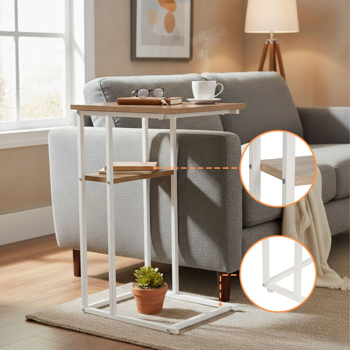 C-Shaped Side Table with 2 Shelves – Metal & Wood