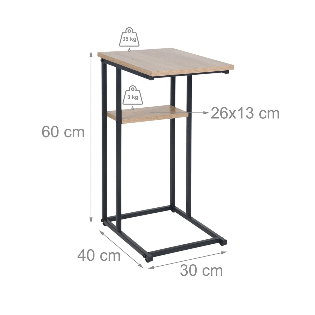 C-Shaped Side Table with 2 Shelves for Sofa & Bed