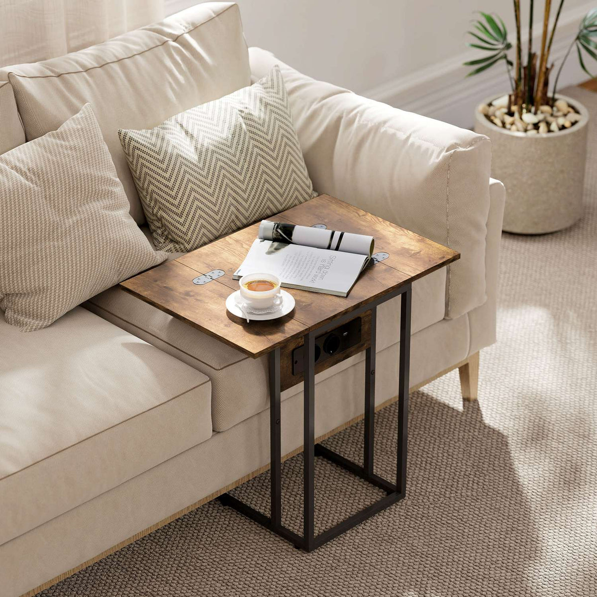 C-Shaped Side Table with Charging Station and Foldable Top