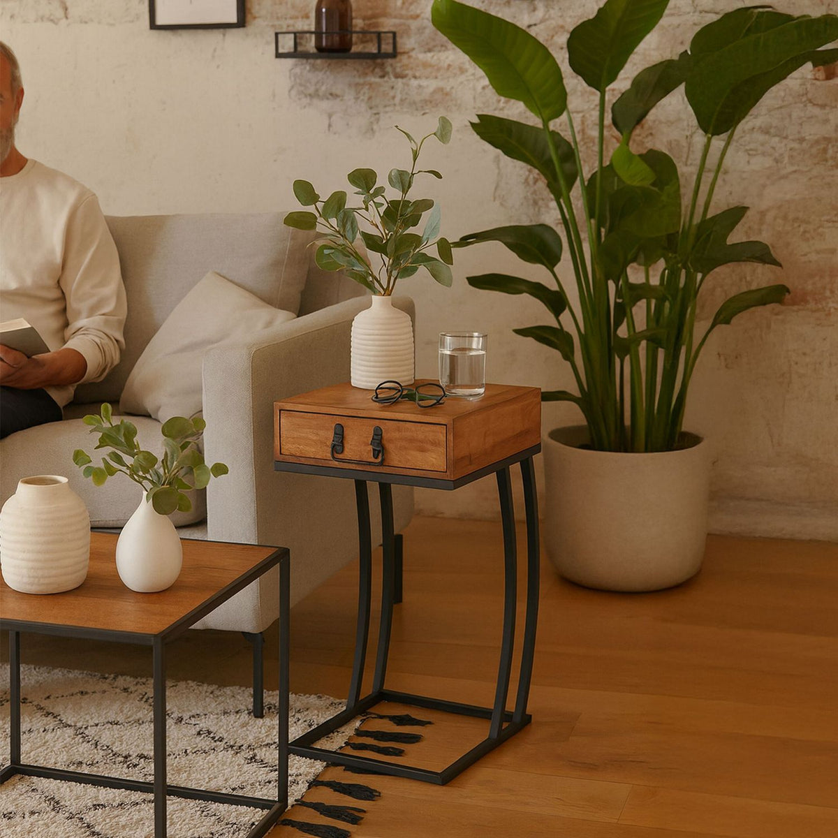 C-Shaped Side Table with Drawer – Wood & Metal
