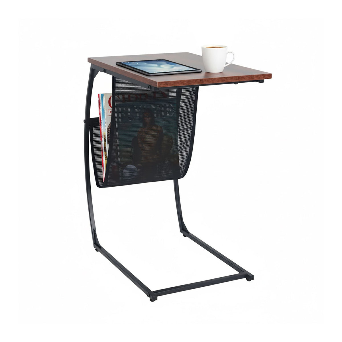 C-Shaped Side Table with Magazine Rack, Wood-Effect Top