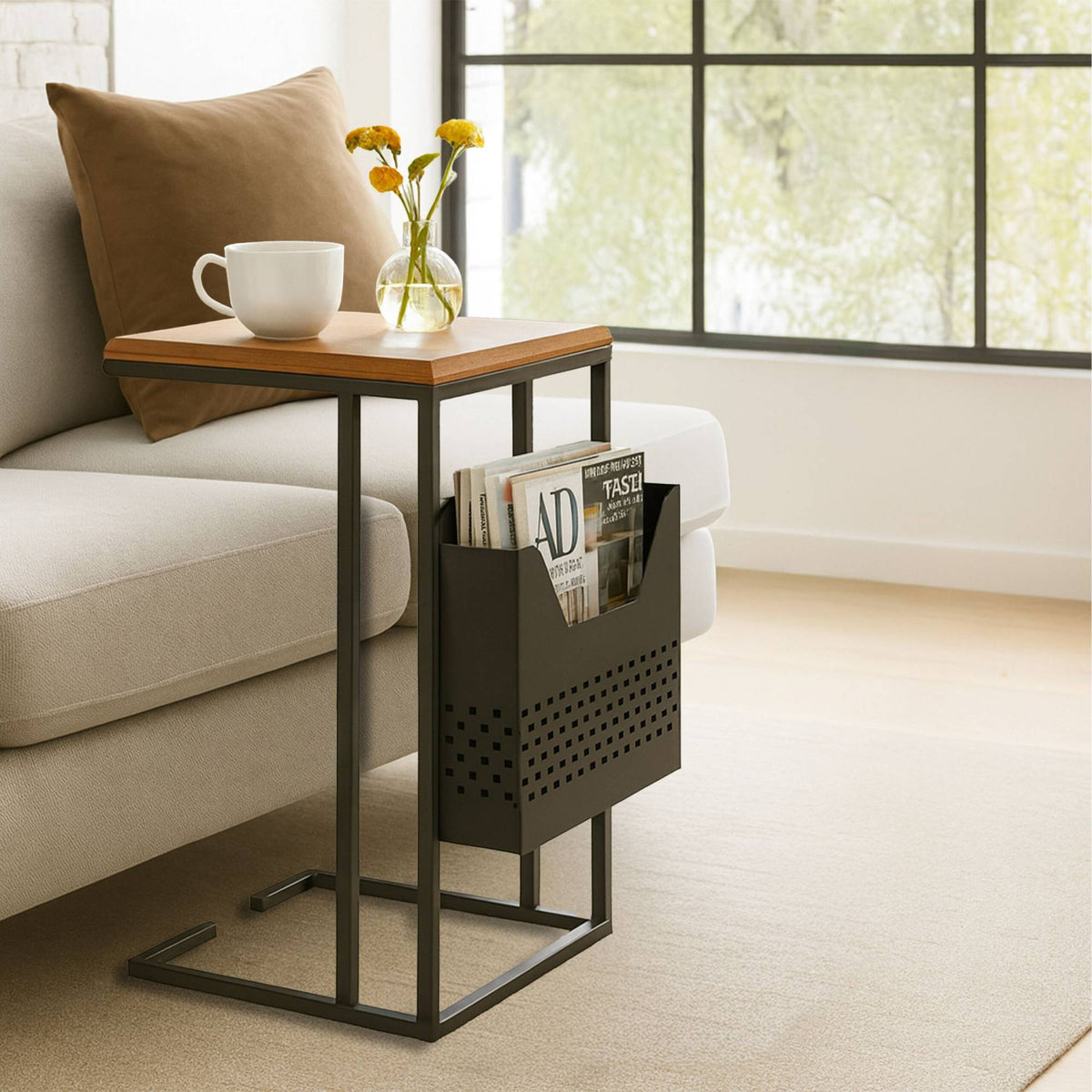 C-Shaped Side Table with Magazine Rack, Wood and Metal