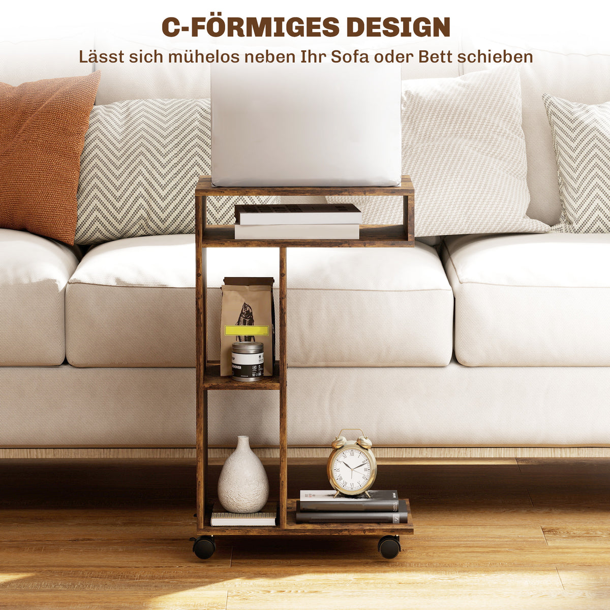 C-Shaped Side Table with Wheels, 3 Shelves, Rustic Brown