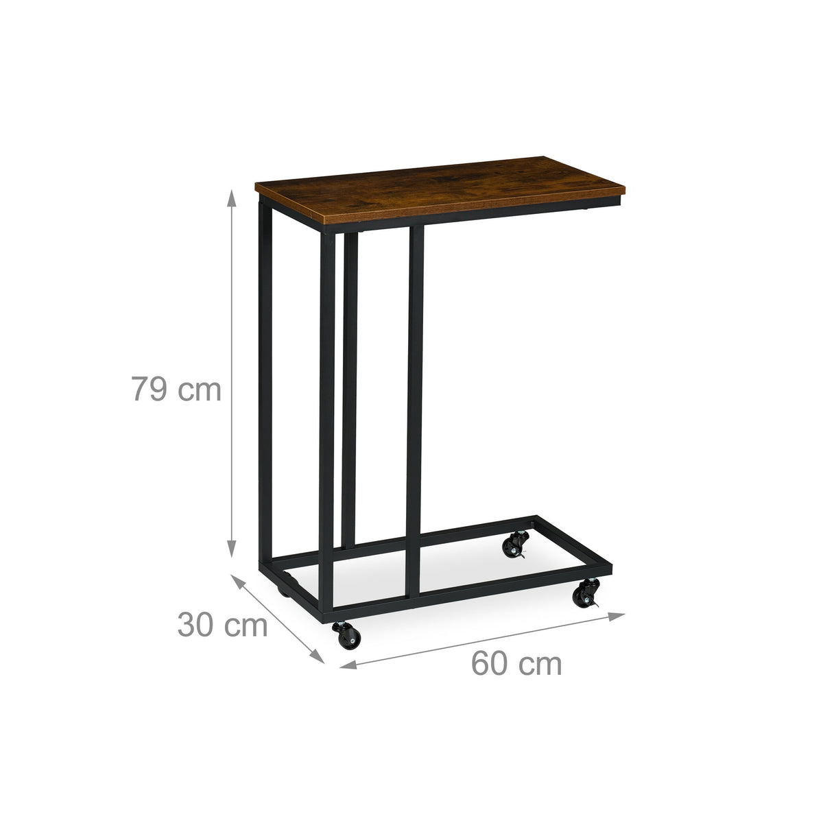 C-Shaped Side Table with Wheels, Metal and MDF