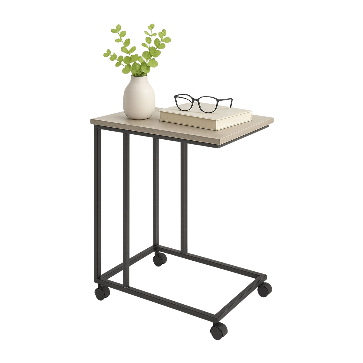C-Shaped Side Table with Wheels – Wood-Effect Top